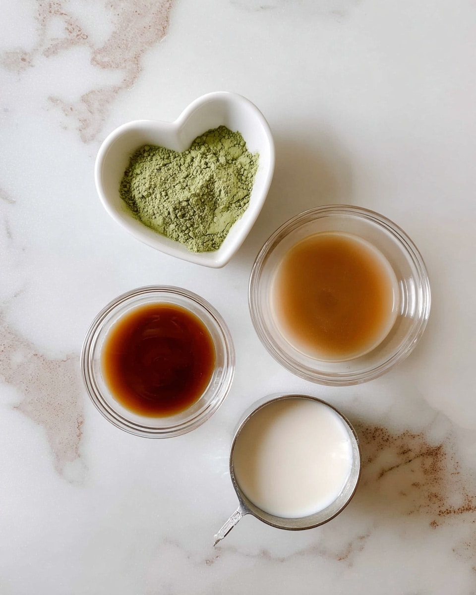 Four small containers are placed on a white marbled surface. On the top left, there is a small white heart-shaped bowl filled with a green powder. To its right, a clear round glass bowl contains a light brown liquid. Below that, slightly to the left, another clear round glass bowl holds a darker brown liquid. On the bottom right, there is a metal measuring cup filled with a white liquid. The containers are arranged close together. Photo taken with an iphone --ar 4:5 --v 7