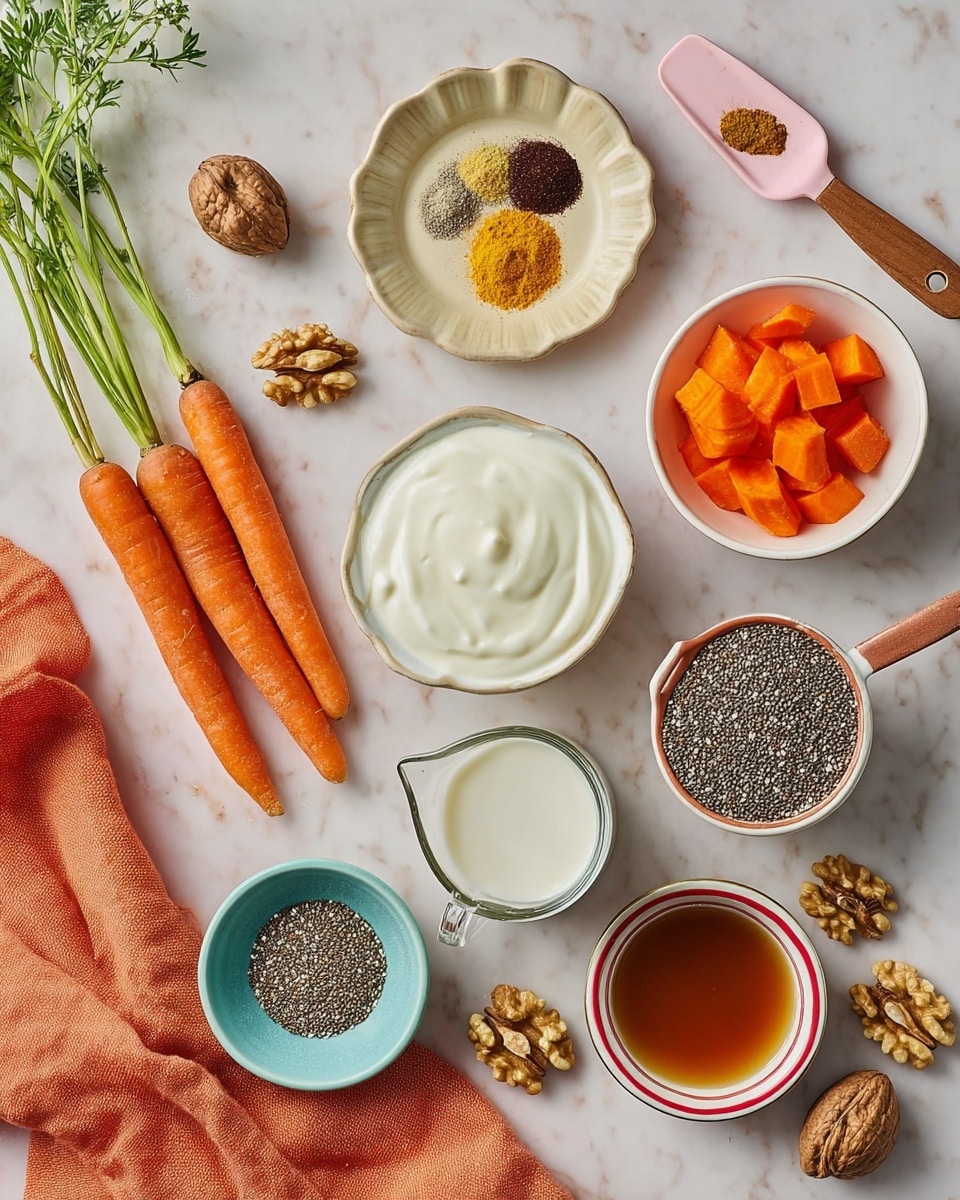 The image shows a white marbled surface with various ingredients neatly placed. On the left, three whole carrots with green tops lie next to a white bowl filled with smooth, creamy white yogurt. At the top center, there is a small beige scalloped dish holding three different spices in brown and yellow tones. To the right, a white bowl contains bright orange chopped carrots, resting partially on an orange cloth. Below, a turquoise bowl is filled with tiny, grayish chia seeds. A small round dish with brown liquid sits next to a white bowl of amber honey. A clear glass measuring cup contains white milk near a pink spatula with a wooden handle. Scattered walnut pieces and a red-rimmed bowl with more walnut halves add texture to the scene. Photo taken with an iphone --ar 4:5 --v 7