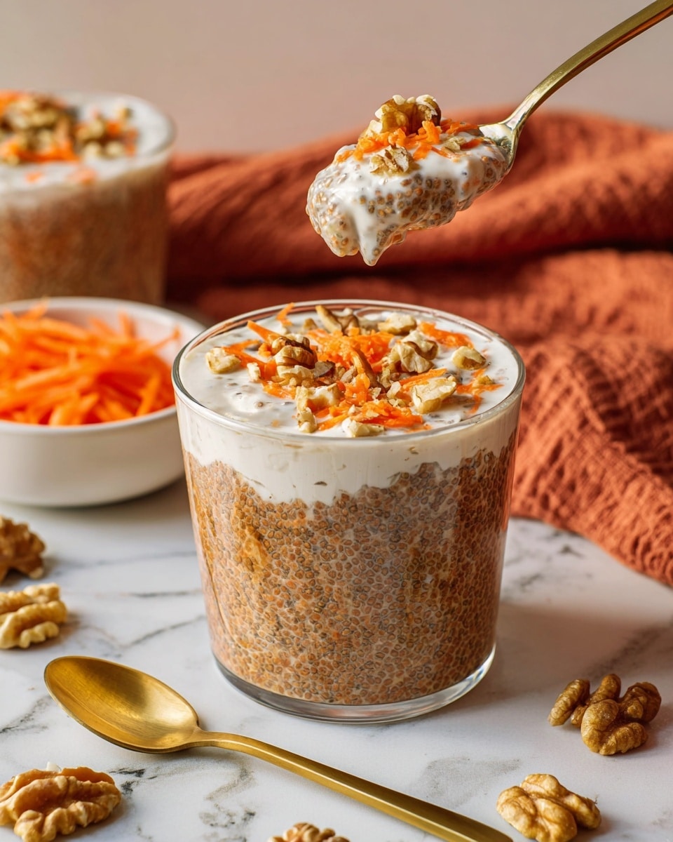 The image shows a clear glass cup with three visible layers: the bottom two-thirds is a brown chia seed pudding with a textured, slightly bumpy surface, the top third is a smooth, creamy white layer of yogurt or cream, sprinkled with small orange carrot shreds and chopped walnuts scattered on top. A golden spoon lifts a scoop showing the pudding mixed with cream and carrot bits. The cup sits on a white marbled surface with a rust-colored cloth and a golden spoon beside it. More walnuts and carrot shreds are scattered around, with a white bowl of shredded carrots blurred in the background. Photo taken with an iphone --ar 4:5 --v 7