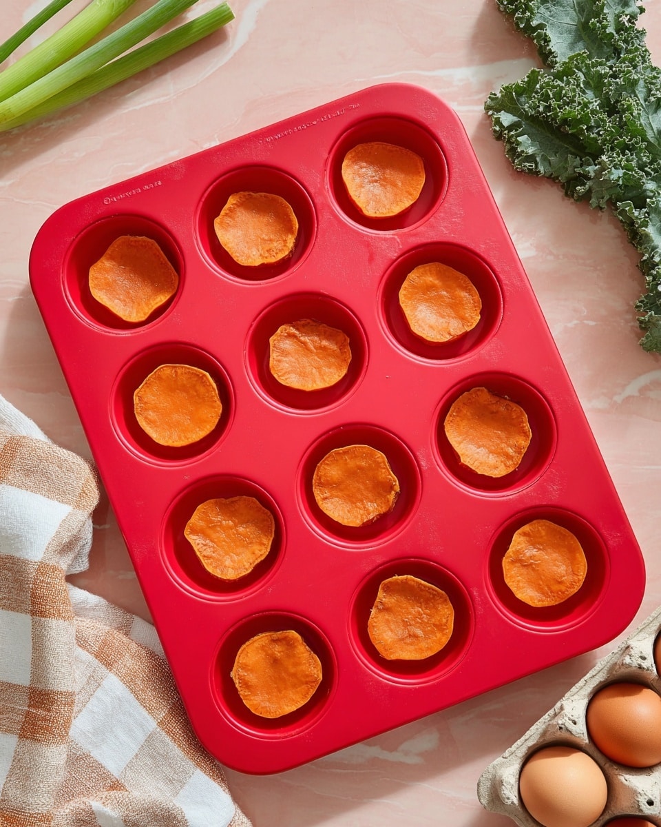A red silicone cupcake tray holds twelve round, thin slices of orange sweet potato, each placed flat in the center of the cup wells. The sweet potato slices have a smooth, slightly shiny surface with some natural texture on the edges. The tray sits on a light pink surface with a white marbled texture visible around the edges. To the top left, there are three light green scallions with white bulbs, and to the right, a bunch of curly dark green kale leaves adds color contrast. At the bottom right, a beige egg carton holds two brown eggs, and a white cloth with light brown checkered stripes rests partly beneath the tray. photo taken with an iphone --ar 4:5 --v 7