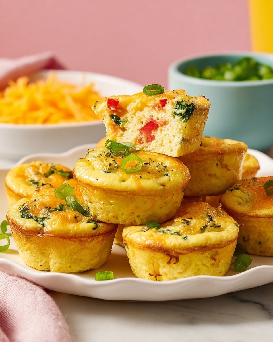 A white scalloped-edge plate holds six small egg muffins stacked in a pyramid shape on a white marbled surface. Each muffin is golden brown on top with visible melted cheese and green herbs. The muffin at the top is cut open, showing three layers: a pale yellow egg base, a middle layer with red bell pepper pieces and green spinach, and a soft, fluffy texture. Small green onion slices are sprinkled on and around the muffins. The background is soft pink, with blurred bowls of shredded yellow cheese and chopped green onions, as well as part of a glass of orange juice visible. Photo taken with an iphone --ar 4:5 --v 7