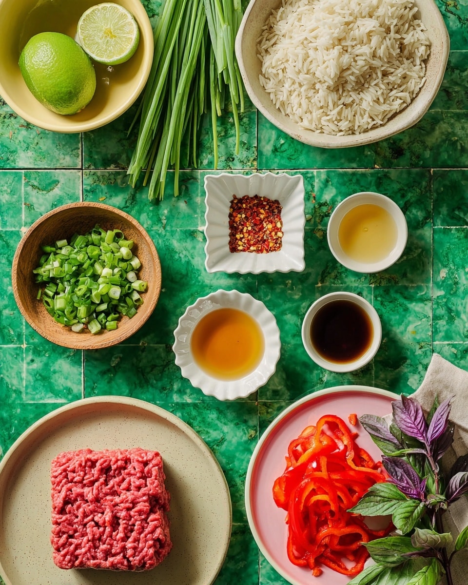 The image shows a flat lay of fresh ingredients arranged neatly on a green tiled surface, changed to a white marbled texture. At the bottom left is a pale beige round plate holding a square block of raw ground meat with a bright red color and slight texture from fat. Above it, a small fluted white dish contains red chili flakes. To the right, white small bowls hold different liquids in light yellow, dark brown, amber, and pale green colors. Near the top right, a white bowl is filled with cooked white rice. In the middle right, a pale pink round plate has thin strips of vibrant red bell pepper. Above that is a small wooden bowl filled with chopped green onions. To the top left, a light yellow bowl is filled with fresh basil leaves, and beside it is a sliced lime showing its bright green inside. At the bottom right, a beige small plate holds minced garlic and ginger side by side, next to fresh sprigs of purple and green basil on a beige cloth. photo taken with an iphone --ar 4:5 --v 7