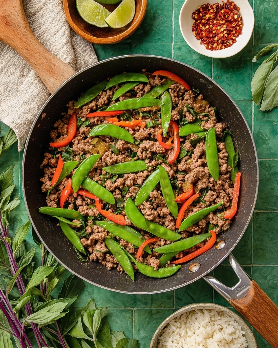 A round black skillet filled with cooked ground meat as the base layer, topped with bright green snap peas and thin strips of red bell pepper evenly scattered on top. The skillet rests on a green tiled surface with a wooden spatula and beige cloth on the left side, a small white bowl of cooked rice on the top right, a small white dish with red crushed chili flakes above the skillet, and lime wedges in a wooden bowl to the top left. Fresh green herbs with purple stems are arranged on the white marbled texture at the bottom right. Photo taken with an iphone --ar 4:5 --v 7