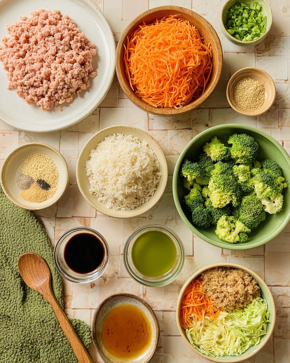 The image shows an overhead view of various ingredients neatly placed on a white marbled tiled surface. There are twelve dishes visible: at the top left, there is a pile of light pink ground meat on a white plate, next to a wooden bowl filled with bright orange shredded carrots. To the right, a large white bowl holds a mound of plain cooked white rice. Below the meat is a small brown bowl containing a mix of salt, pepper, and a yellow powder, and beside it is an orange bowl full of pale sesame seeds. In the middle right, a green bowl is heaped with fresh green broccoli florets, near a beige bowl with a brown and orange shredded cabbage and carrot mix. Smaller bowls hold a green liquid, light brown peanut sauce, black soy sauce, light amber vinegar, pale minced ginger, and chopped green onions. The bottom left shows a wooden spoon resting on a green textured cloth. Photo taken with an iphone --ar 4:5 --v 7