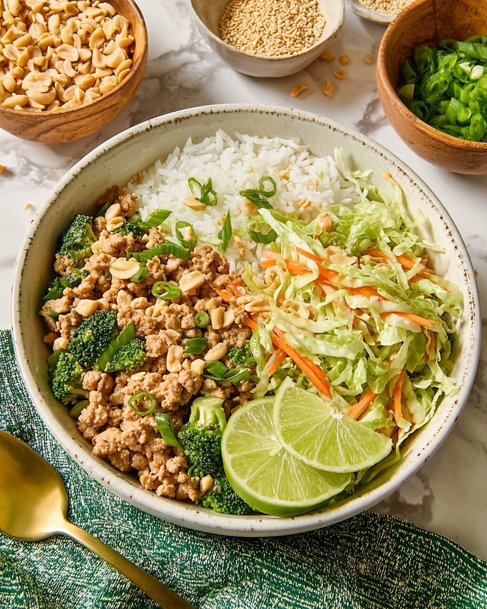 A white bowl with three main layers: at the bottom there is a white rice base with thin grains, on the left side a mix of light brown cooked ground meat with small green broccoli pieces and sliced green onions, on the right side a fresh salad layer of shredded light green cabbage, thin orange carrot strips, chopped peanuts, and green onion slices. Two bright green lime wedges rest on the right edge of the bowl. The bowl is on a white marbled surface with a gold spoon and green textured cloth nearby, and in the background are small bowls with crushed peanuts, sesame seeds, and lime wedges. Photo taken with an iphone --ar 4:5 --v 7