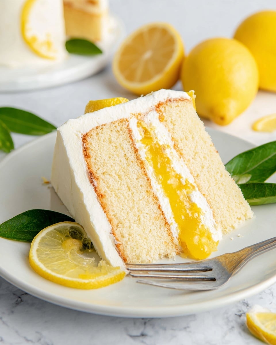A slice of three-layer lemon cake is on a white plate with thin lemon slices and green leaves around it. The bottom and top layers are light beige sponge cake, with a thick white frosting layer on top. Between the cake layers is a bright yellow lemon filling that looks smooth and slightly runny. A metal fork rests on the plate next to the cake slice. The background is a white marbled texture with whole and halved lemons placed near the plate. Photo taken with an iphone --ar 4:5 --v 7