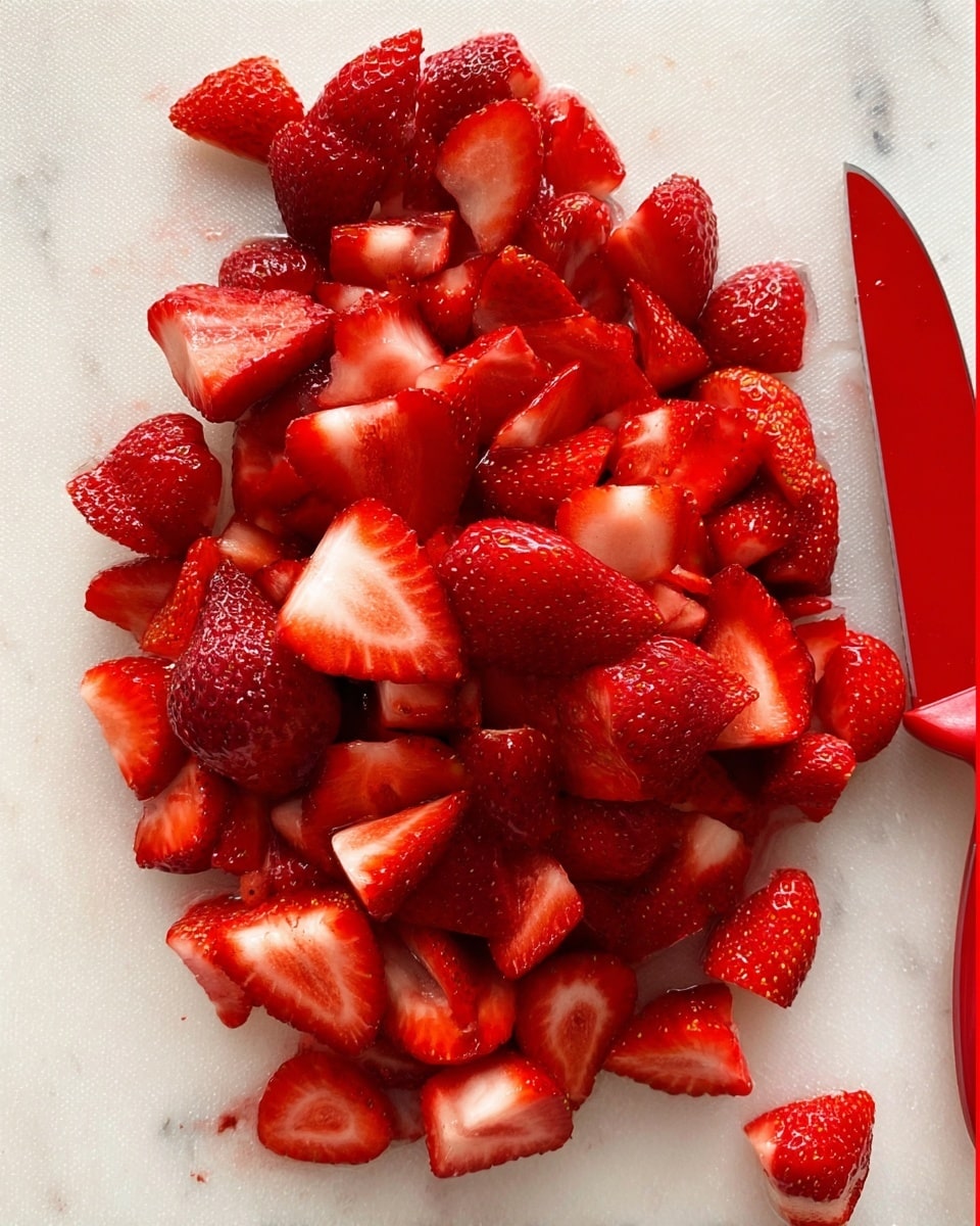 A white plate with a light purple floral pattern holds a two-layer biscuit shortcake. The bottom layer is a thick, golden biscuit sitting on the plate with sliced red strawberries spread around it. On top of this biscuit is a thick layer of smooth white whipped cream. Above the cream, more fresh red strawberry slices add color. Another golden biscuit sits on top of the strawberries, covered by a big dollop of fluffy whipped cream that peaks up. There are two strawberry slices on the whipped cream on top as well. A silver fork lies on the plate near the shortcake. To the right, a clear glass bowl filled with red strawberries floats in a clear liquid and a white plate with two golden biscuits stacked on each other sit on a white marbled surface. The background is a white marbled texture. Photo taken with an iphone --ar 4:5 --v 7