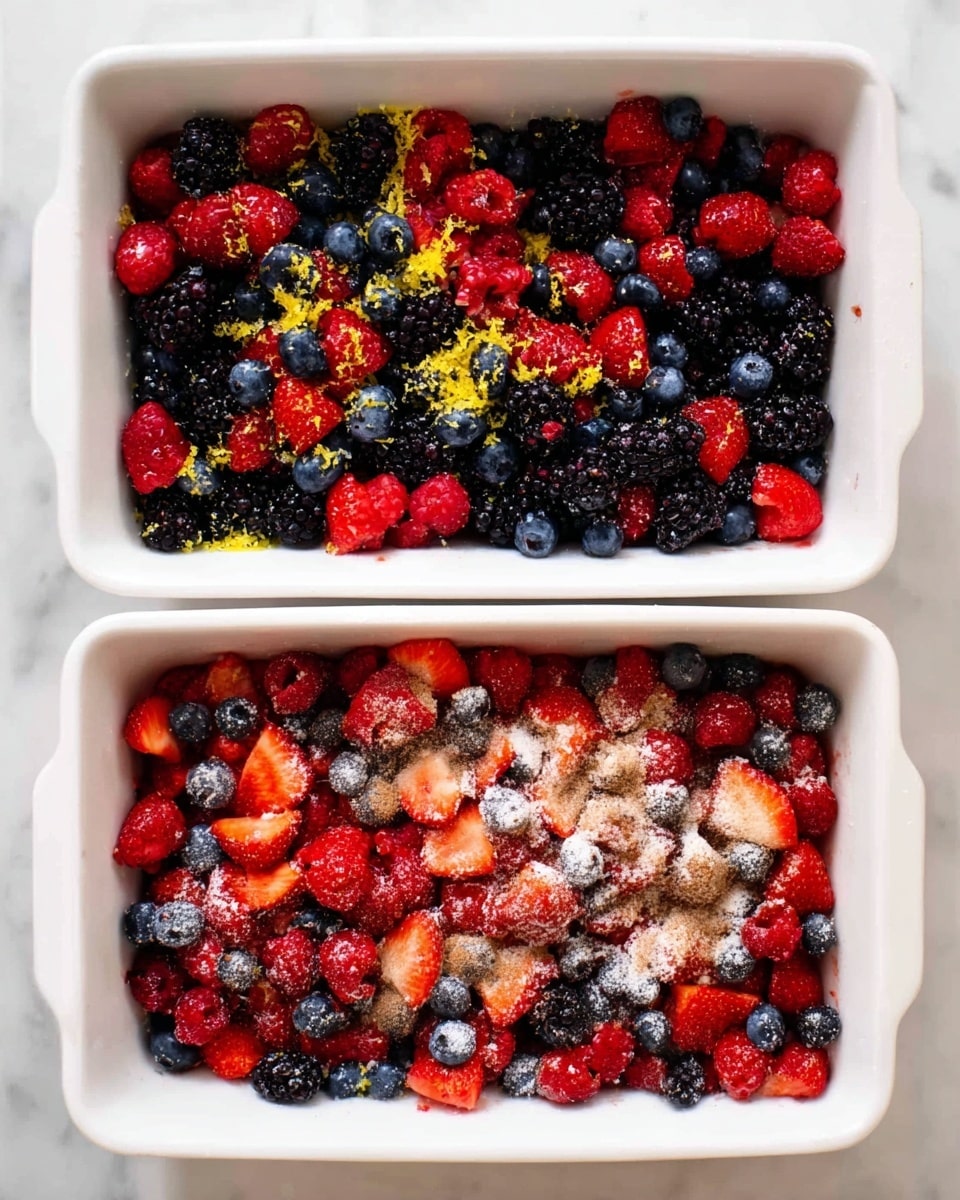 A close-up of a blue bowl filled with three main layers: the bottom layer is a warm berry mix with glossy dark purple and red berries, including blackberries, raspberries, and blueberries; the middle layer is made of golden-brown crumbly pieces of cake soaked slightly in berry juice; and the top layer shows a scoop of pale cream-colored ice cream on the side. A gold spoon is scooping some of the berry mixture and cake from the bowl, all set on a white marbled surface. photo taken with an iphone --ar 4:5 --v 7