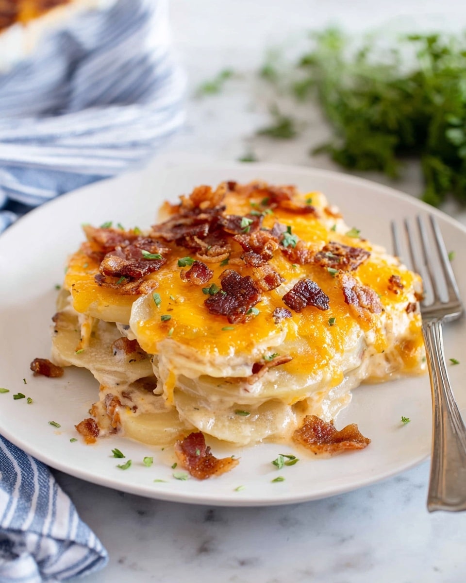 A white rectangular dish filled with a layered potato casserole, showing a close-up of a scoop lifting from the dish with a silver spoon. The casserole has several layers of soft, pale yellow potato slices, covered by a top layer of melted orange cheddar cheese, browned in spots, with small bits of crispy dark brown bacon scattered throughout. There are tiny sprinkles of green herbs on top, adding a fresh touch. The dish rests on a blue and white striped cloth over a white marbled surface. Photo taken with an iphone --ar 4:5 --v 7