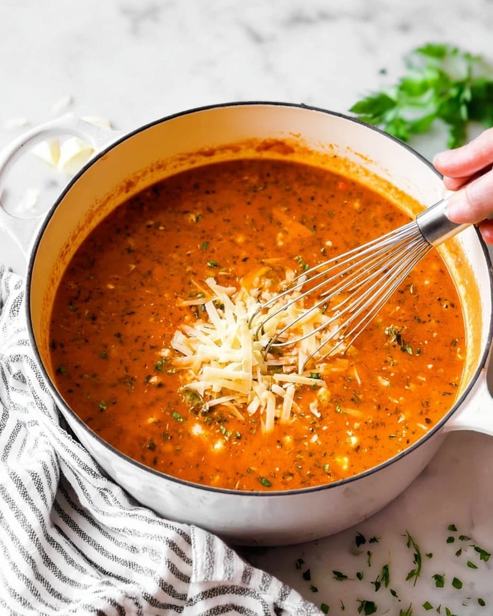 The image shows a close-up of a white pot filled with a thick, orange-red tomato-based soup with visible herbs and small bits of ingredients mixed throughout. On top, there are fresh shreds of pale-yellow cheese being stirred into the soup by a woman's hand holding a metal whisk with a black handle. The pot sits on a white marbled surface, with a white and black striped cloth beside it. Some green herbs and tiny bits of cheese are scattered on the surface around the pot. photo taken with an iphone --ar 4:5 --v 7