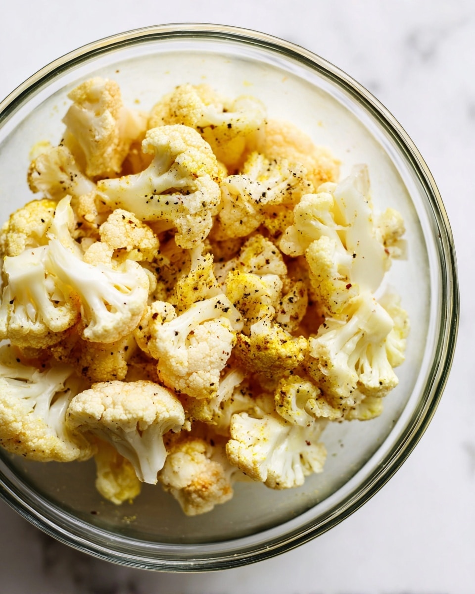 The image shows a clear glass bowl filled with raw cauliflower pieces seasoned with a mix of black pepper and a hint of yellow spice, possibly turmeric or curry powder. The cauliflower is broken into small florets with textures ranging from smooth stems to bumpy flower heads scattered throughout the bowl. The bowl is placed on a white marbled surface, giving a clean and fresh feel to the scene. photo taken with an iphone --ar 4:5 --v 7