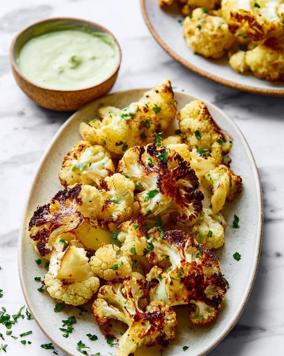 The image shows a white oval plate filled with roasted cauliflower pieces, each piece showing a mix of golden brown charred edges and creamy white centers, sprinkled with small green herb bits. On the top left of the plate, there is a small round bowl with a creamy light green sauce, garnished with some chopped herbs. The plate is placed on a white marbled surface, and some extra herb bits are scattered lightly around. In the background, there is a second plate with more roasted cauliflower pieces. The photo is taken with an iphone --ar 4:5 --v 7