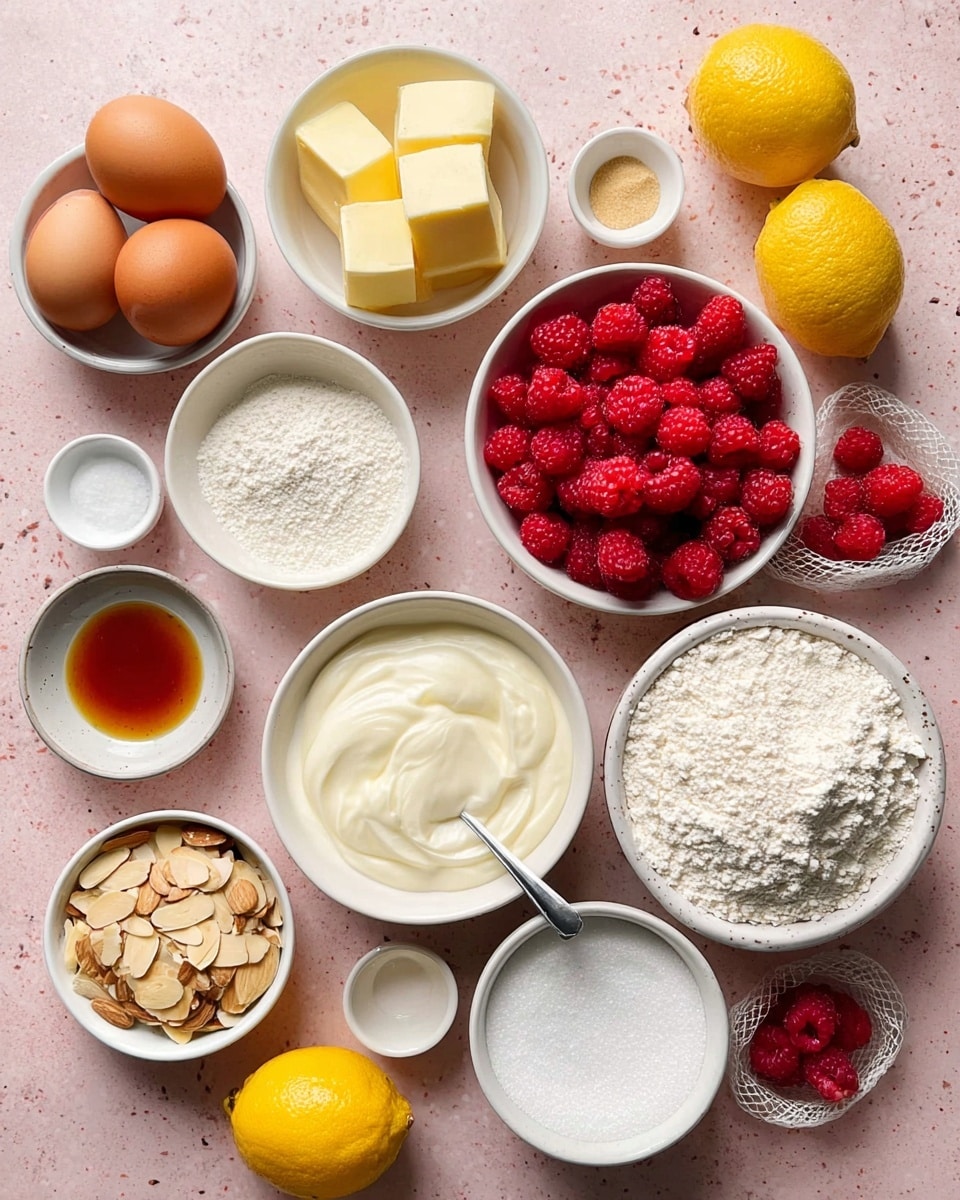 A top-down view of various baking ingredients placed on a light pink surface with a white marbled texture. There are 13 round white bowls, each holding different ingredients: two brown eggs in the top left, cubed pale yellow butter to the right, a bowl of smooth white cream with a silver spoon inside on the right center, a bowl full of bright red fresh raspberries in the bottom center, a bowl of white flour in the bottom right, granulated white sugar placed near the center, white powdered sugar in the bottom left, light brown sliced almonds near the eggs, a small bowl with amber-colored vanilla extract, and smaller bowls containing salt, baking powder, and lemon zest. Also, three loose raspberries and two yellow lemons with a net bag are placed on the surface. photo taken with an iphone --ar 4:5 --v 7