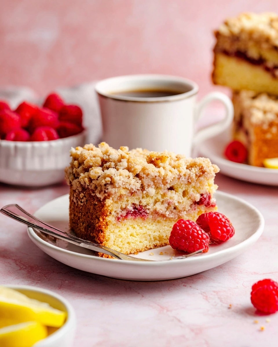 The image shows nine square pieces of crumb cake arranged in a 3 by 3 grid on white parchment paper over a white marbled surface. Each piece has a crumbled top layer with light golden brown crumbs and sliced almonds, drizzled with a smooth, light cream glaze. Around the cake squares, fresh red raspberries and slices of yellow lemon add bright color accents. To the top right is a small white bowl filled with raspberries, above a white mug with coffee, and on the bottom left, a small white bowl contains lemon slices. On the bottom right, there is a white plate with a fork resting on it. The scene is well-lit and cozy, photo taken with an iphone --ar 4:5 --v 7
