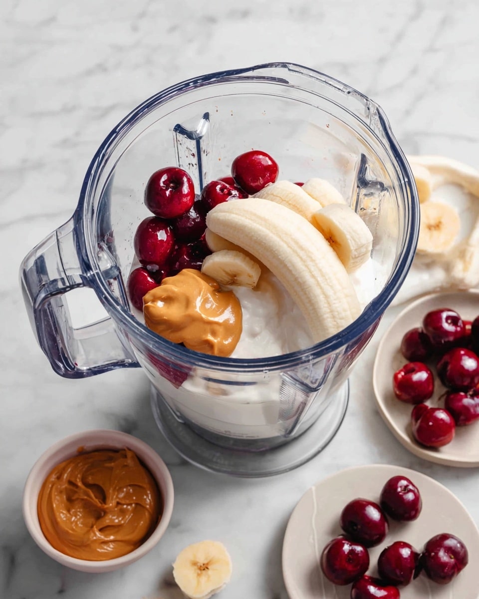 A clear blender jar sits on a white marbled surface, holding a mix of ingredients arranged in three main layers: the bottom layer is a small amount of white milk, the middle layer consists of bright red cherries that look fresh and juicy, and the top layer has a white creamy yogurt, a light yellow half banana resting on top, and a dollop of smooth, brown peanut butter placed beside the banana. Around the blender, there are two small white bowls on the white marbled surface, one with extra peanut butter and the other with more cherries and a banana piece. Photo taken with an iphone --ar 4:5 --v 7