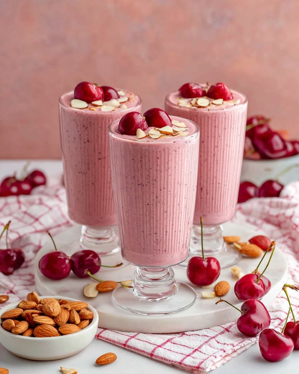 The image shows three tall clear ridged glasses filled with a pink cherry smoothie, placed on white plates over a white checkered cloth on a white marbled surface. Each smoothie glass is topped with halved bright red cherries, slivered white almonds, and a light drizzle of honey. Whole cherries and whole almonds are scattered around the plates and cloth, along with a small white bowl filled with almonds in the foreground. The background is a soft muted pink color. photo taken with an iphone --ar 4:5 --v 7