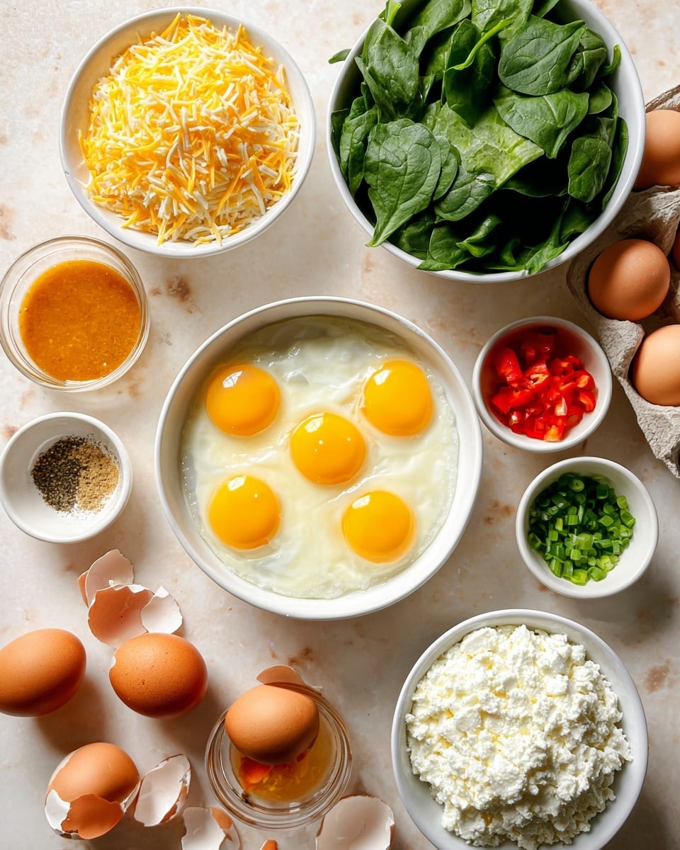 The image shows ingredients for a recipe laid out on a white marbled surface. In the center, there is a white bowl with six raw eggs, showing bright yellow yolks and clear whites. To the left of the bowl, there is a bowl filled with fresh green spinach leaves and below it, another white bowl with shredded yellow cheese. On the bottom right, there is a white bowl filled with white cottage cheese. To the right of the eggs, small white bowls contain chopped red bell peppers, green chives, orange sauce, black pepper with salt, and garlic powder. Around the bowls, there are several whole brown eggs in a carton and some broken eggshells scattered nearby. The scene is well-lit and organized, with a woman's hand just slightly visible at the bottom left carrying an eggshell. Photo taken with an iphone --ar 4:5 --v 7