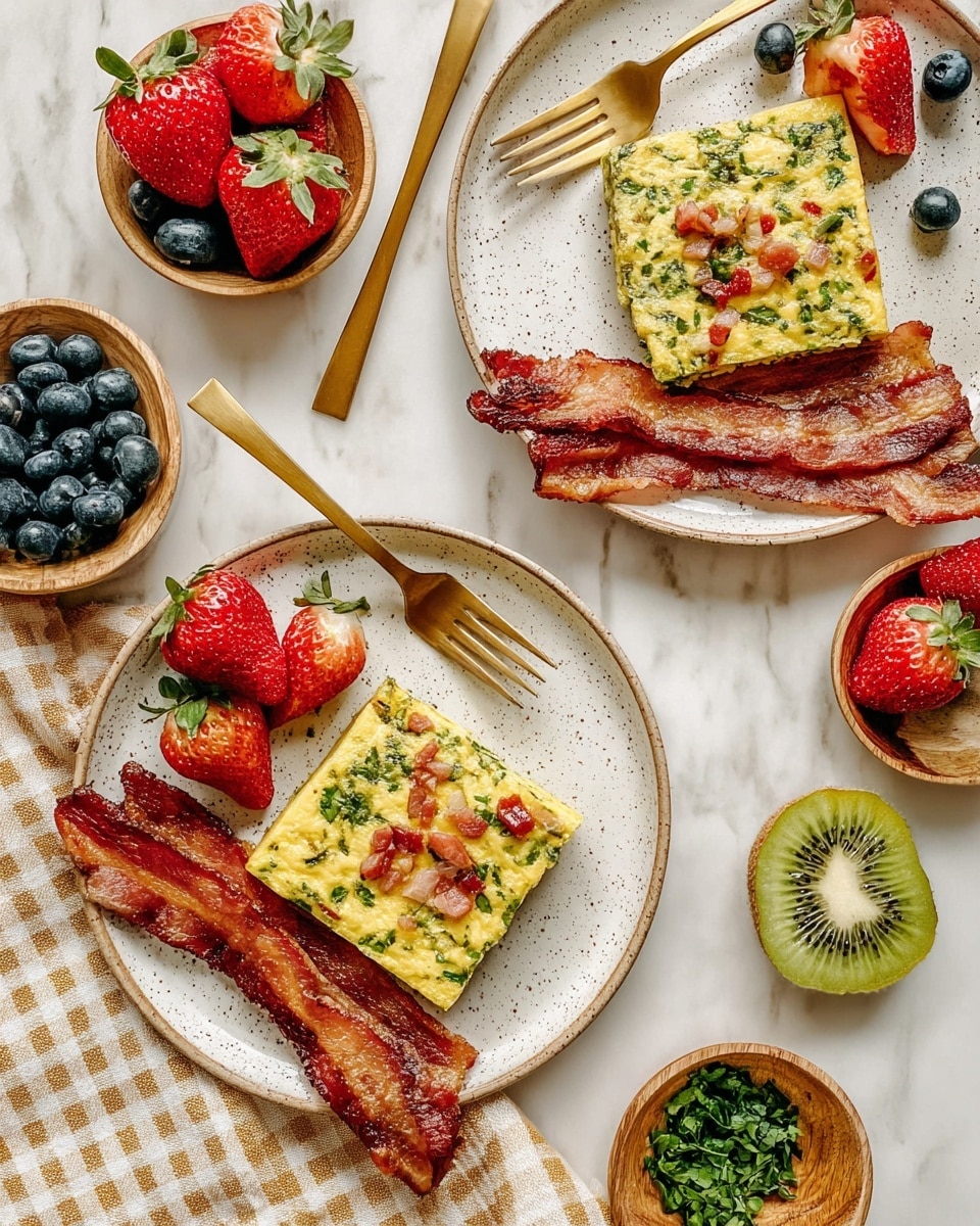 The image shows two white speckled plates on a white marbled surface with a beige checkered cloth partially underneath. Each plate has a square piece of herb omelet layered with finely chopped green herbs and small bits of red and orange vegetables, placed near the center. Next to the omelet are two strips of cooked bacon with shiny, crispy edges. Surrounding the main items are fresh strawberries, blueberries, and a half-sliced kiwi with bright green and black seeds, arranged decoratively on the plates. Two small wooden bowls nearby hold extra blueberries with strawberries in one, and chopped green herbs in the other. Golden forks are placed beside the plates, adding a warm contrast to the scene. photo taken with an iphone --ar 4:5 --v 7