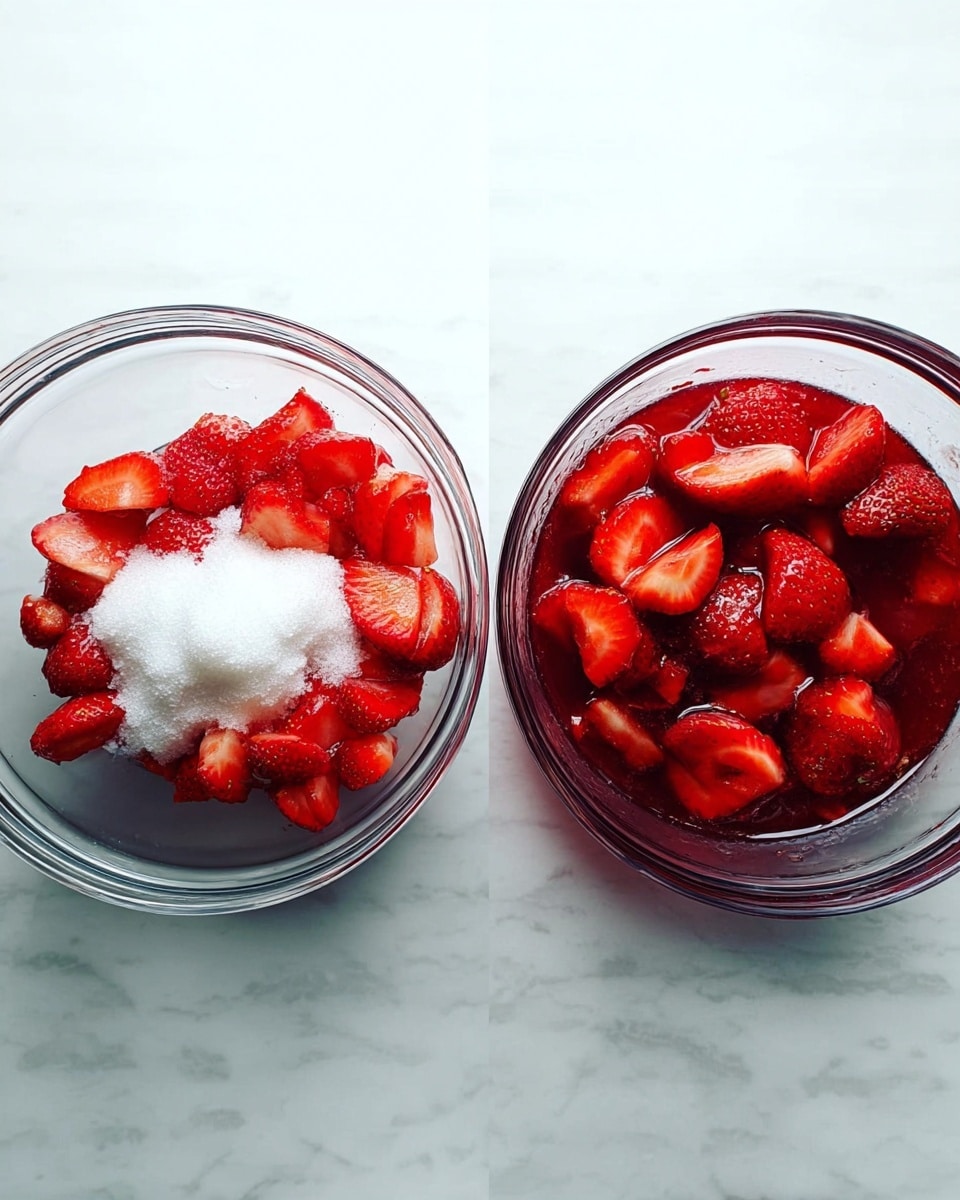 The image shows two clear glass bowls placed side by side on a white marbled surface. The left bowl contains a layer of bright red, sliced strawberries topped with a pile of white granulated sugar on one side. The right bowl holds sliced strawberries that have released juice, creating a liquid layer of deep red syrup mixing with the strawberries, making the colors appear darker and richer. The textures contrast between the fresh firm slices on the left and the softer, soaked ones on the right. Photo taken with an iphone --ar 4:5 --v 7