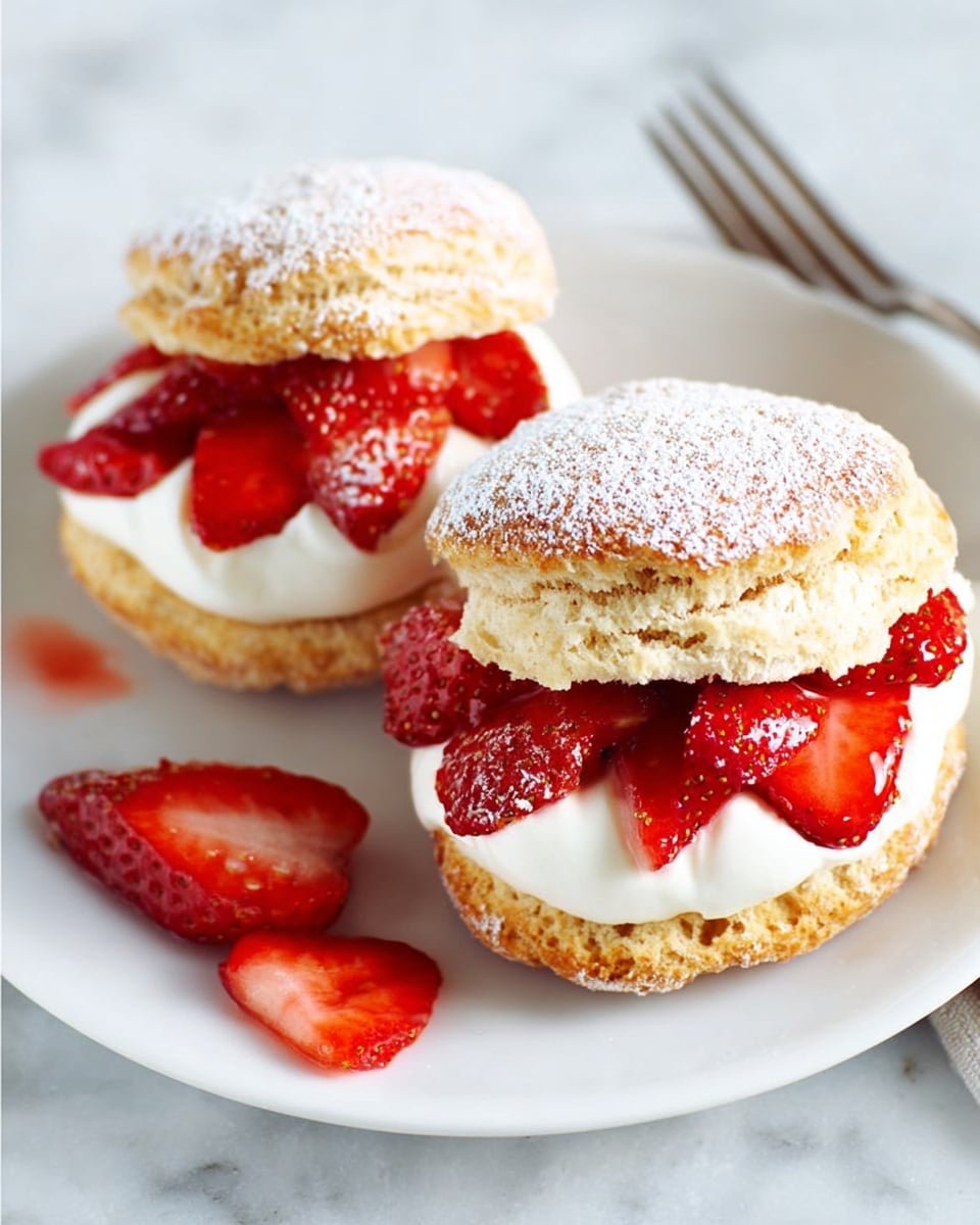 Two filled scones are placed on a white plate over a white marbled surface. Each scone has two layers; the bottom layer is golden brown with a soft texture, topped with thick white cream and bright red sliced strawberries arranged neatly on the cream. The top layer is a matching golden brown scone slightly dusted with white powdered sugar. One scone is slightly tilted, showing the filling inside, and a few strawberry slices with juice are on the plate beside the scones. A silver fork lies in the upper right corner of the image. Photo taken with an iphone --ar 4:5 --v 7