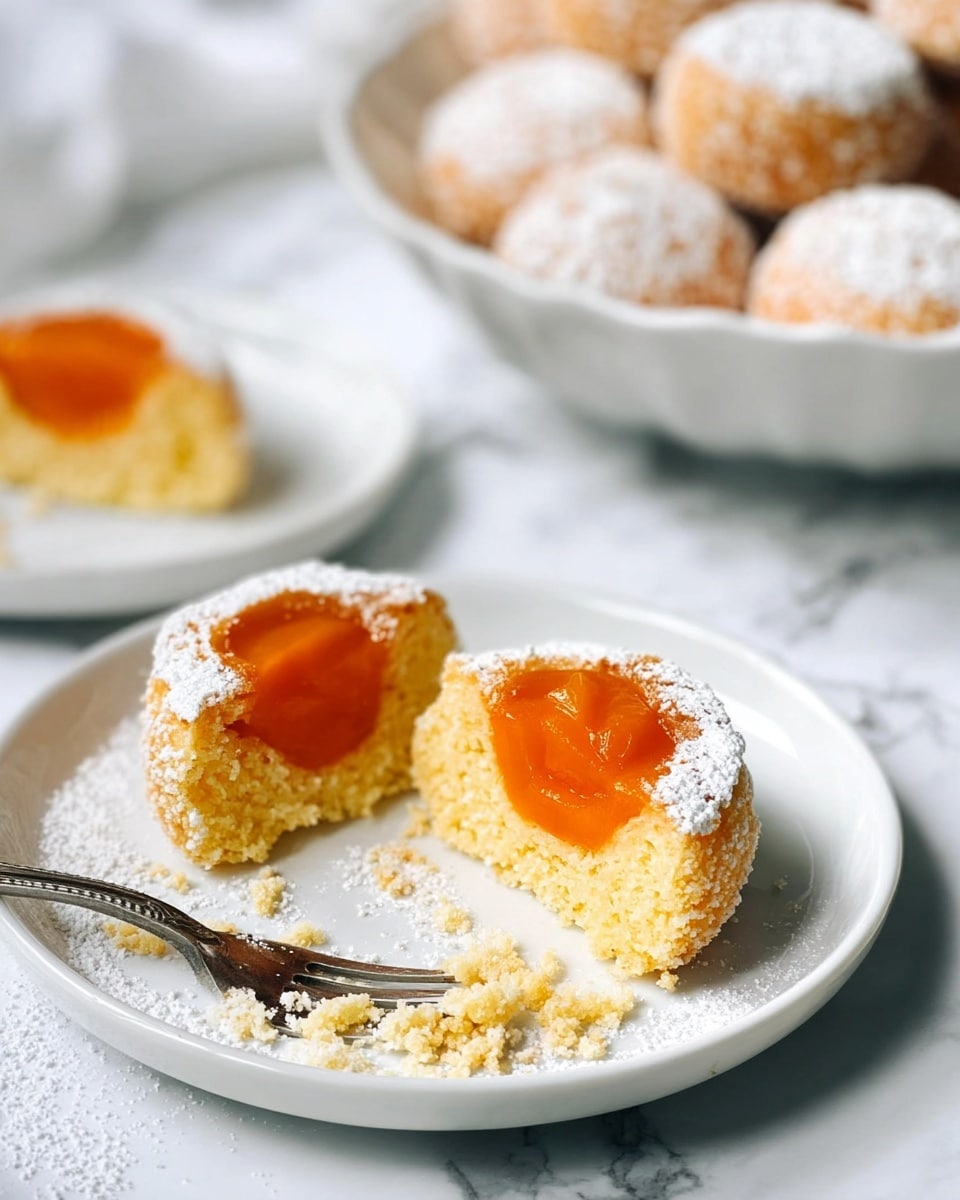 The image shows three white plates on a white marbled surface, each with two round dumplings split open to reveal bright orange apricot halves inside. The dumplings have a light beige outer layer with a soft, crumbly texture and a dusting of powdered sugar on top. Each plate has a silver fork resting on it, with some crumbs and powdered sugar scattered around the plates and surface. In the top left corner, part of a white bowl filled with more dumplings and brown sugar is visible, with a silver spoon inside. The scene is bright with soft natural light, focusing on the neat arrangement of the dumplings photo taken with an iphone --ar 4:5 --v 7