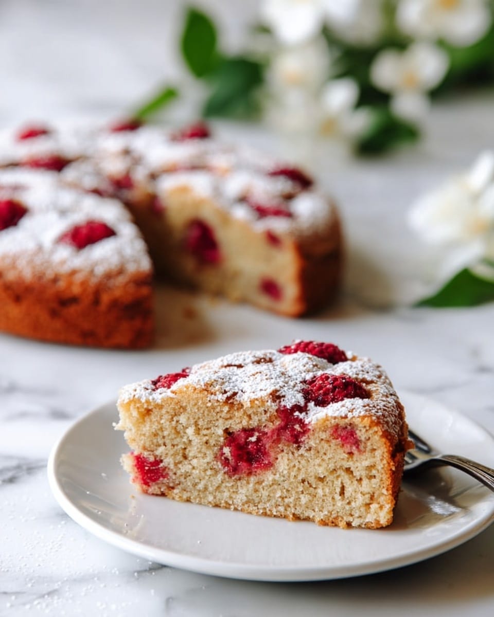 A single slice of light brown cake sits on a white plate with a silver fork beside it. The cake has one layer with a soft, crumbly texture and visible red berry pieces inside and on top. The top surface is dusted with white powdered sugar, which contrasts with the red berries embedded in the cake. Behind the slice, the rest of the round cake is visible on a white marbled surface, showing the same berry topping and powdered sugar. There are a few green leaves and white flowers blurred in the background. Photo taken with an iphone --ar 4:5 --v 7