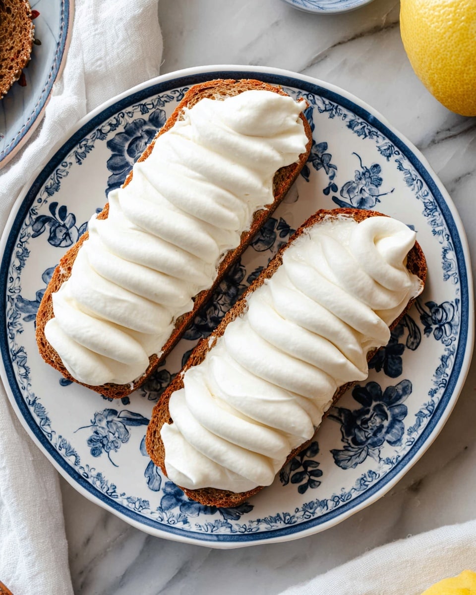Two slices of toasted brown bread are placed side by side on a white plate with blue floral designs around the edge. Each slice is topped with a thick, even layer of smooth, white whipped cream piped in a wavy pattern from one end to the other. The plate rests on a white marbled surface with a white cloth and part of a lemon visible in the top right corner. Photo taken with an iphone --ar 4:5 --v 7