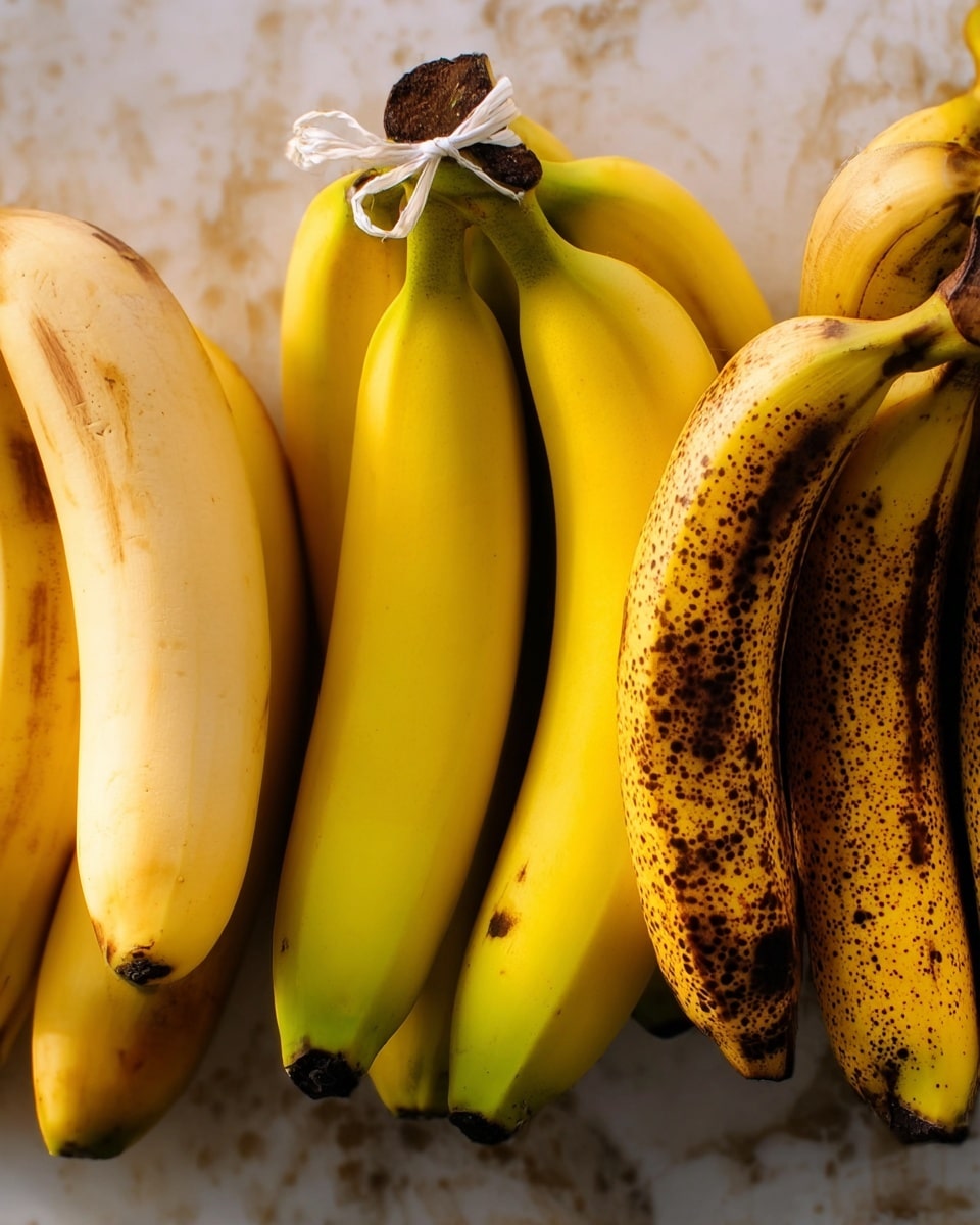 The image shows three bunches of bananas placed side by side on a white marbled surface, arranged from left to right. The left bunch has bananas with a pale yellow peel and some brown marks near the stem. The middle bunch has smooth and bright yellow bananas with hints of green near the base and darker brown at the stem tied together by a small white tie. The right bunch features bananas with a yellow peel spotted evenly with dark brown freckles, all resting closely together. The overall texture of the bananas varies from smooth to slightly rough with visible spots and marks. Photo taken with an iphone --ar 4:5 --v 7