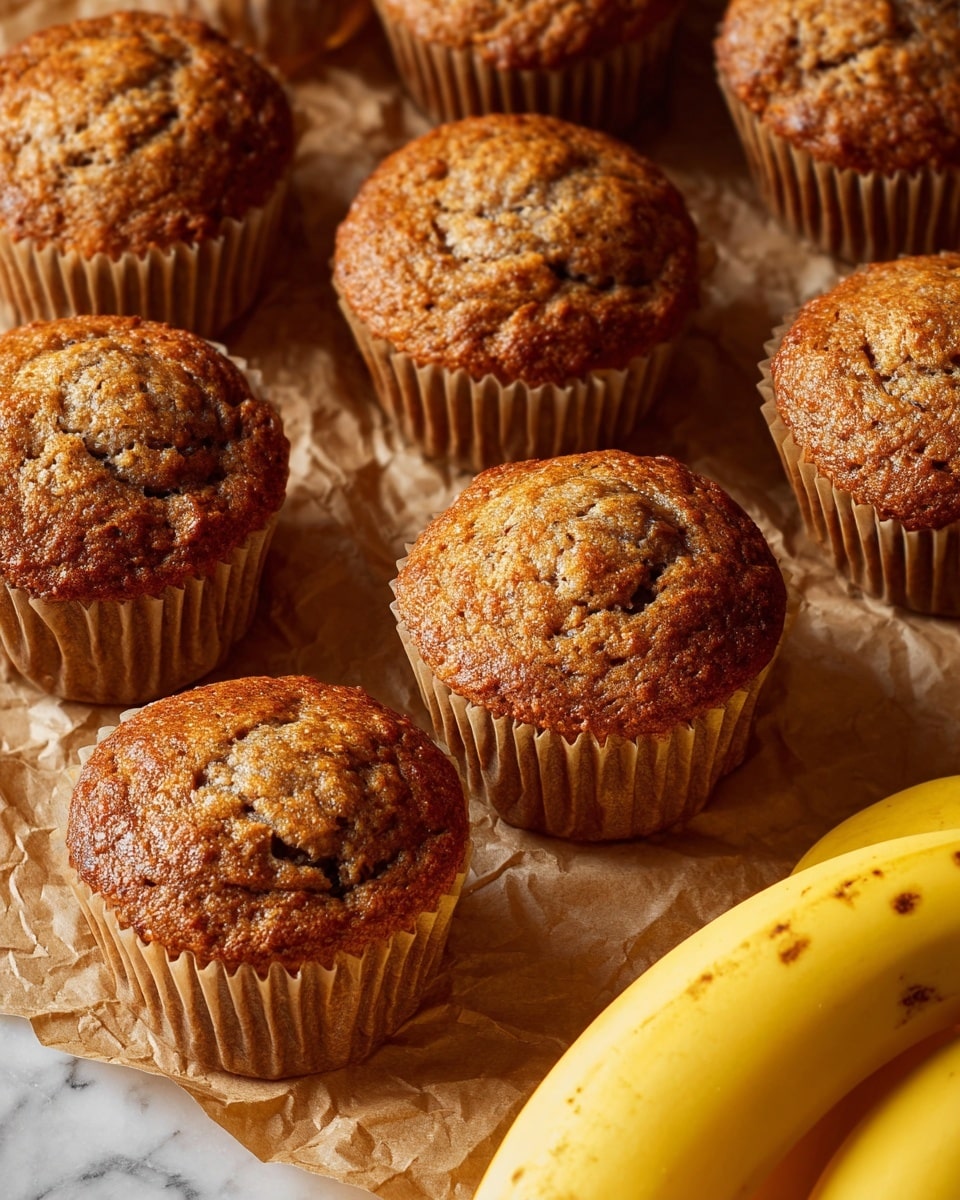 Nine golden brown muffins are arranged in a 3 by 3 grid, each with a textured top showing cracks and small pockets, sitting in light beige paper liners. The muffin in the top right corner has a bite taken out, revealing a soft, moist inside with a speckled pattern. The muffins rest on a sheet with a crinkled light brown paper texture. The overall scene is warm and inviting with soft shadows around each muffin. photo taken with an iphone --ar 4:5 --v 7