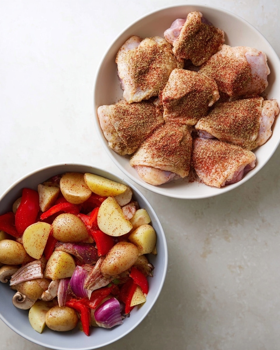 The image shows a white rectangular baking dish filled with several golden-brown roasted chicken pieces with crispy skin, arranged closely together in the middle and background. Underneath and around the chicken pieces are chunks of roasted yellow potatoes and orange carrots with a slightly caramelized texture. Scattered bright red bell pepper pieces and small green herb sprigs add color contrast. A large silver spoon is partially visible on the left side, touching one of the chicken pieces. The dish is placed on a white marbled surface. photo taken with an iphone --ar 4:5 --v 7