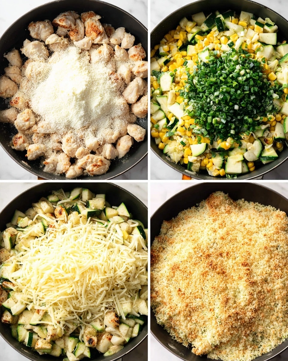 The image shows a round black pan filled with a baked dish that has one visible layer. The top layer is golden brown and crispy with a rough texture from toasted breadcrumbs scattered unevenly all over. Beneath the crust, creamy white sauce can be seen mixed with pieces of green zucchini and yellow corn. The pan is on a wooden board, and part of a white marbled surface is visible in the bottom right corner. Photo taken with an iphone --ar 4:5 --v 7