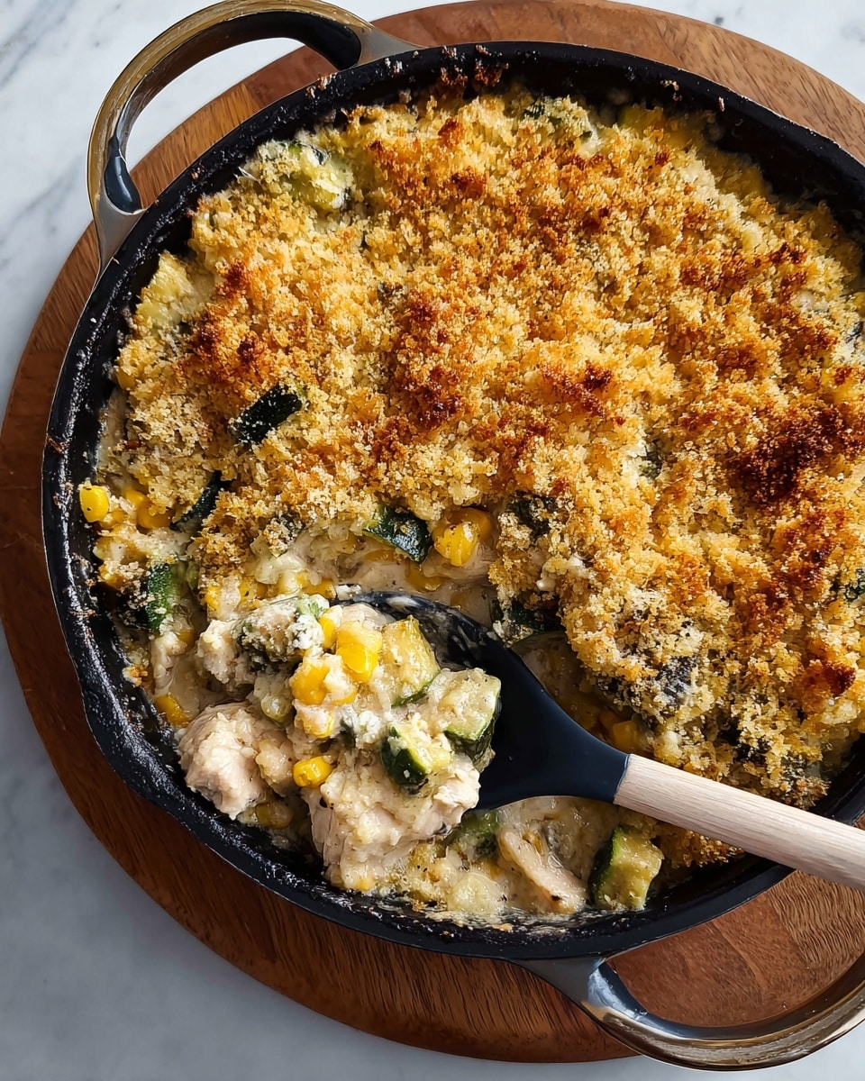 The dish is a baked casserole served in a round black cast iron pan with two small handles, placed on a wooden board over a white marbled surface. The casserole has two main layers: at the bottom, pieces of cooked white chicken, chopped green zucchini, and yellow corn kernels mixed in a creamy sauce; on top, a thick layer of golden brown toasted breadcrumbs, unevenly spread creating a rustic, crisp texture. A black spoon with a light wooden handle is scooping a portion of the casserole, showing the mixed chicken, zucchini, and corn beneath the crunchy topping. photo taken with an iphone --ar 4:5 --v 7
