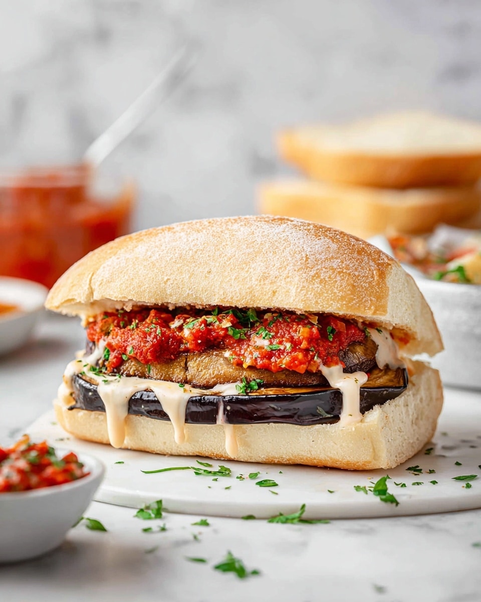 The image shows a sandwich with three main layers. The bottom layer is a white, soft bread roll cut open. On top of it, there is a thick, dark purple slice of cooked eggplant with a textured, slightly crispy look. Above the eggplant, there is a bright red tomato sauce mixed with small chunks, spread thickly. Drizzled over the sauce is a light cream-colored sauce that flows gently down the sides. Fresh green chopped herbs are sprinkled on top and around the sandwich on the white marbled surface. In the background, there are more slices of the same bread stacked and a bowl with some food visible, all placed on the white marbled texture. photo taken with an iphone --ar 4:5 --v 7