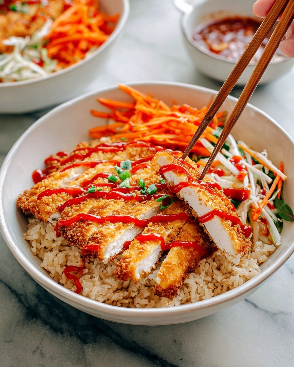 A white bowl filled with layers starting from the bottom with light brown cooked rice, followed by thin strips of orange carrots and pale cabbage with some green herb pieces mixed in. On top, there is a golden-brown crispy breaded cut into several strips and laid side by side. These strips are drizzled with a shiny dark red sauce and sprinkled with small chopped green herbs. A pair of wooden chopsticks rests diagonally on the bowl's edge. The bowl is placed on a white marbled surface with a white cloth partly visible underneath. Photo taken with an iphone --ar 4:5 --v 7