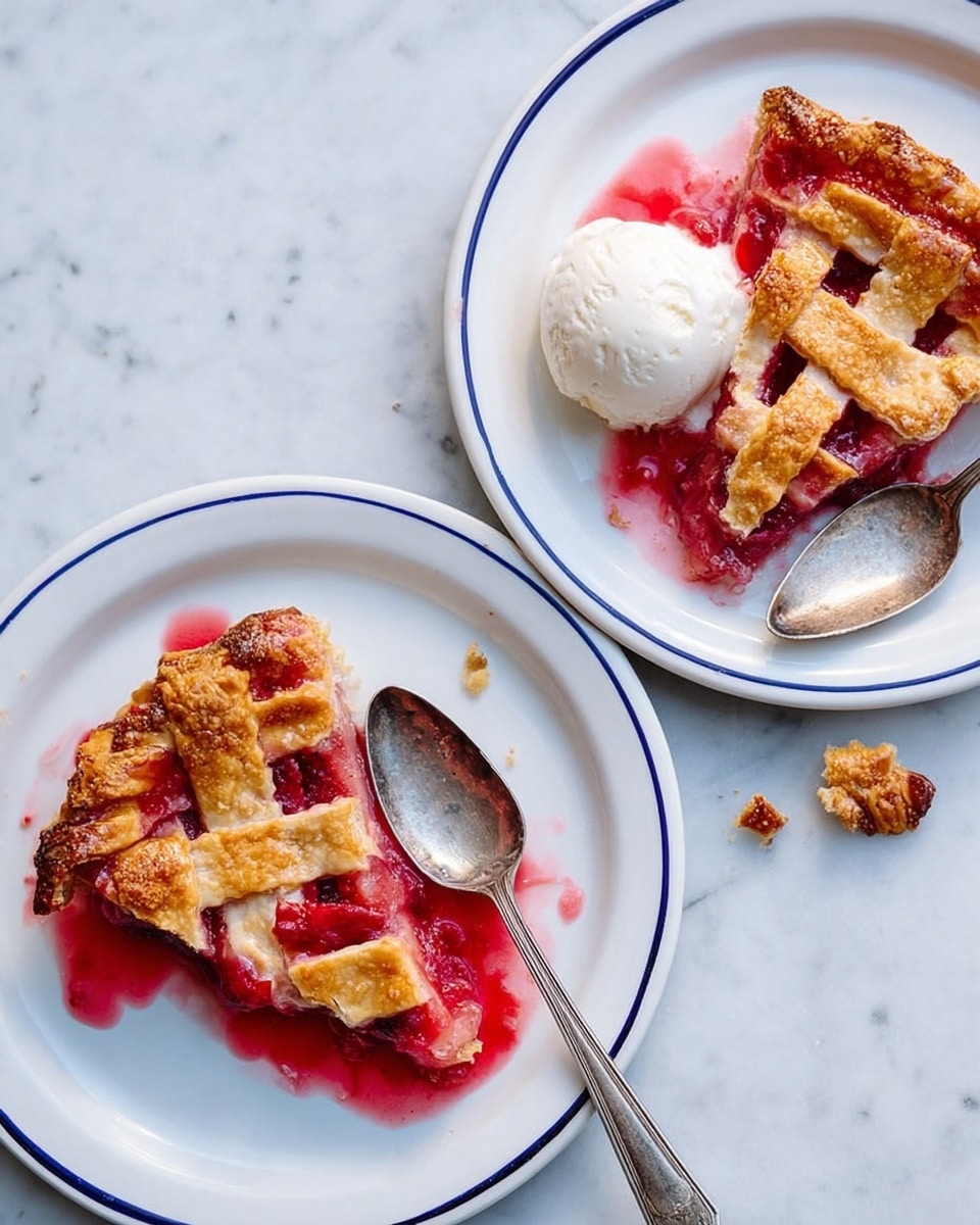 Two white round plates with blue rims sit on a white marbled surface. Each plate has a slice of fruit pie with a golden brown lattice crust on top, showing red and pink cooked fruit filling beneath. The left plate also has a small scoop of white ice cream next to the pie, with melted ice cream and red fruit juice spreading out on the plate. A silver spoon rests on each plate, with the spoon on the right plate placed inside the pie slice. There are small pie crumbs scattered near the left plate. Photo taken with an iphone --ar 4:5 --v 7