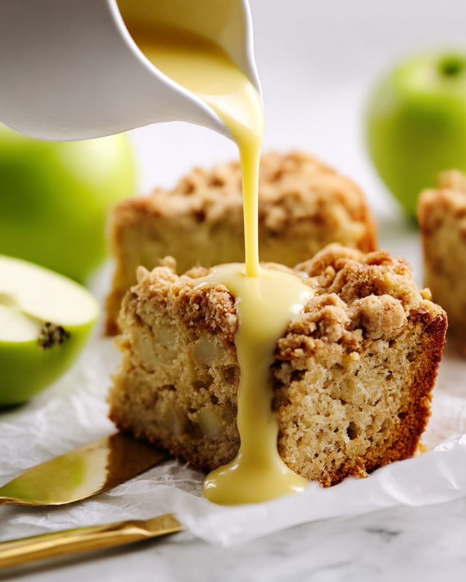 A close-up view of a thick slice of crumbly apple cake with a rough, golden-brown crumb topping and a dense, soft inside showing small apple pieces. A white jug is pouring smooth, creamy yellow sauce over the top of the cake slice. The slice sits on white parchment paper on a white marbled surface, with a gold cake server partly under the cake. In the background, two bright green apples are softly out of focus. photo taken with an iphone --ar 4:5 --v 7