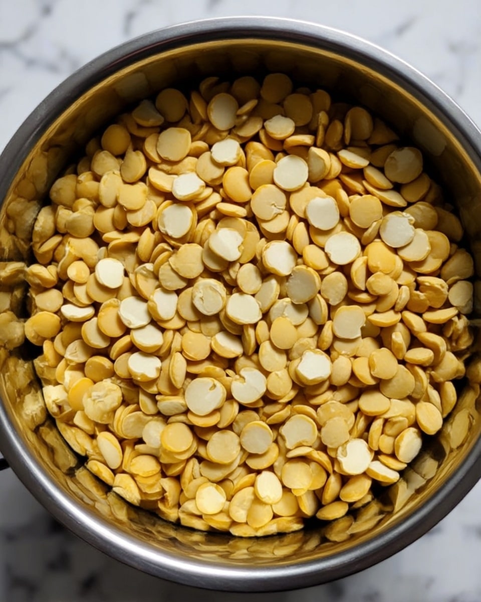 A close-up view of a stainless steel pot filled with a single layer of yellow split lentils. The lentils are round and smooth, with some showing a clean white inside where they have naturally split. The inside surface of the pot is shiny and reflective, showing the round shape of the lentils clearly. The background is a white marbled texture. photo taken with an iphone --ar 4:5 --v 7