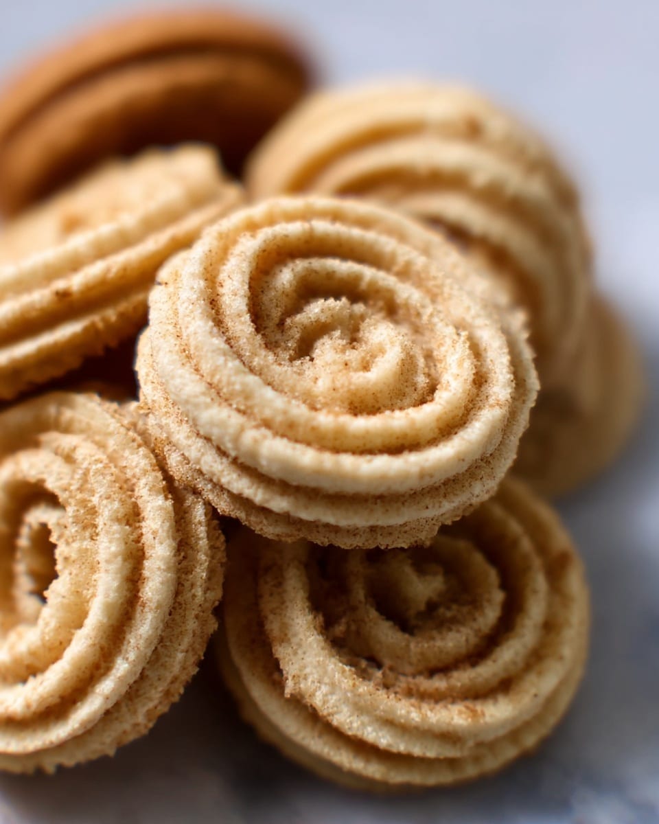 The image shows a round woven basket filled with several crispy, golden-yellow spiral-shaped snacks arranged in layers, each snack having a textured ridged pattern and a small round hole in the middle. The basket sits on a dark wooden surface. The spirals have an even, light brown color with some areas showing a slightly darker shade from frying, giving them a crunchy appearance. Photo taken with an iphone --ar 4:5 --v 7