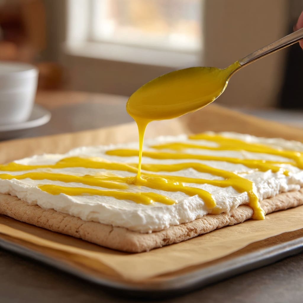 A close-up view of a dessert slice shows three main layers: the top and bottom layers are thick, fluffy, white cream with a light, airy texture, sprinkled with small yellow crumbs on top. Sandwiched in the middle is a bright, vivid yellow layer that looks smooth and creamy, some of which is oozing out from the sides. The dessert sits on a white marbled surface, with some crumbs and small pieces scattered around. The image has a soft, warm light and a shallow focus that highlights the textures of the cream and yellow filling photo taken with an iphone --ar 4:5 --v 7