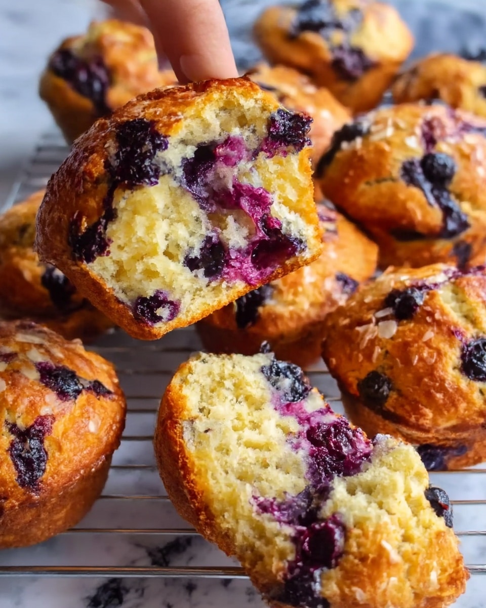 The image shows a close-up of golden-brown blueberry muffins arranged on a silver cooling rack over a white marbled surface. One muffin is split open and held above another by a woman's hand, revealing a soft, fluffy interior with visible whole blueberries inside. The muffins have a slightly crisp, textured top dotted with whole blueberries that burst with deep purple juice. The overall color contrasts between the golden crust, the vibrant dark purple-blue spots, and the pale yellow inside. photo taken with an iphone --ar 4:5 --v 7