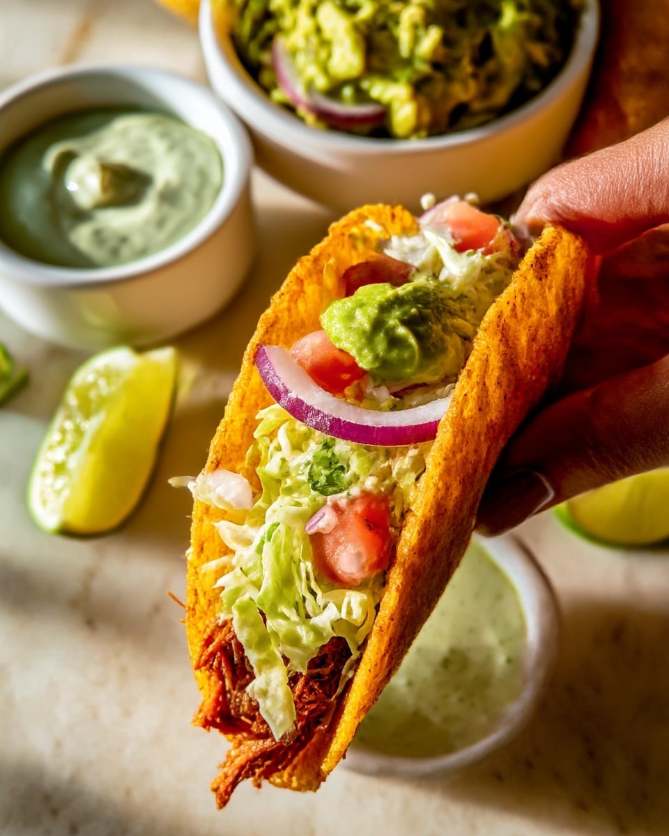A golden crispy taco held by a woman's hand is dipped halfway into a small white bowl of creamy green sauce. The taco shell is golden brown with a crunchy texture, filled with shredded meat at the bottom, topped with shredded light green lettuce, small diced pink tomatoes, thin slices of purple onion, and a dollop of bright green guacamole on top. Behind the taco, a white bowl filled with chunky guacamole sits on a white marbled surface, along with lime wedges scattered nearby. The background has a warm, soft light highlighting the textures and colors. photo taken with an iphone --ar 4:5 --v 7