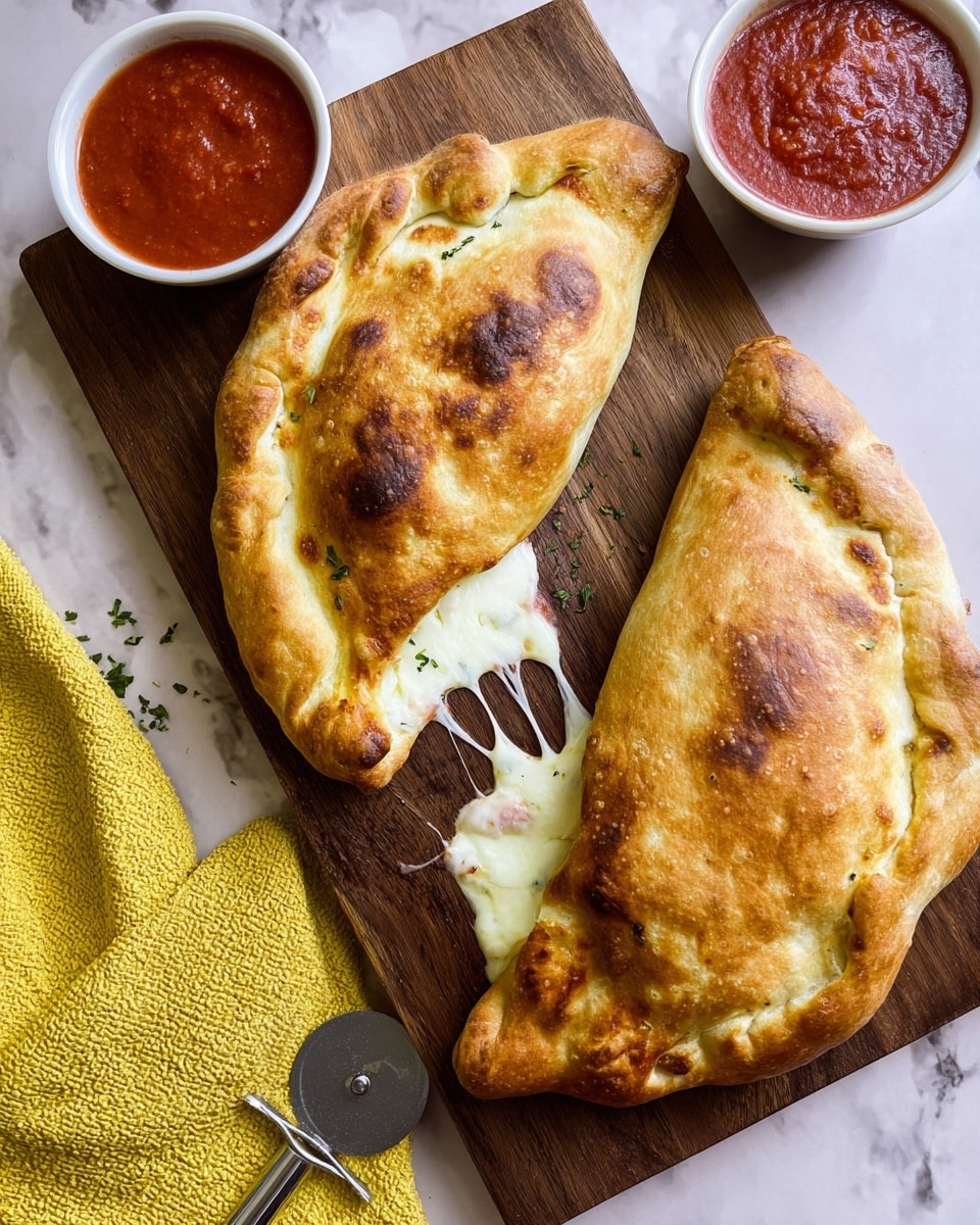 The image shows a golden-brown baked calzone resting on a wooden board with a soft, slightly shiny crust that has darker toasted spots and small black specks of seasoning. The calzone is folded and sealed with a thick edge and has three curved slits on top, revealing a glimpse of the soft dough inside. Behind it, there is a small white bowl filled with reddish tomato sauce. The background features a yellow textured cloth and a blue cloth behind it, all placed on a white marbled surface. Photo taken with an iphone --ar 4:5 --v 7