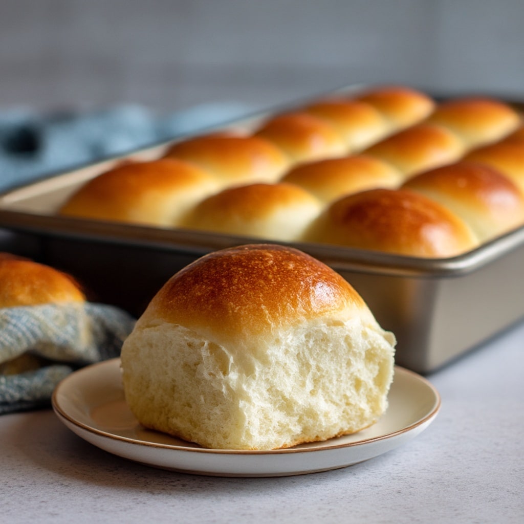 A small wicker basket lined with a soft blue cloth with lace edges holds seven light golden-brown dinner rolls resting closely together. Each roll has a smooth, slightly shiny top with soft, fluffy sides in a pale cream color, showing a tender texture. The background is replaced with a white marbled surface that softly contrasts with the warm tones of the bread. The rolls are placed in a casual but neat arrangement that highlights their fresh and inviting look. Photo taken with an iphone --ar 4:5 --v 7