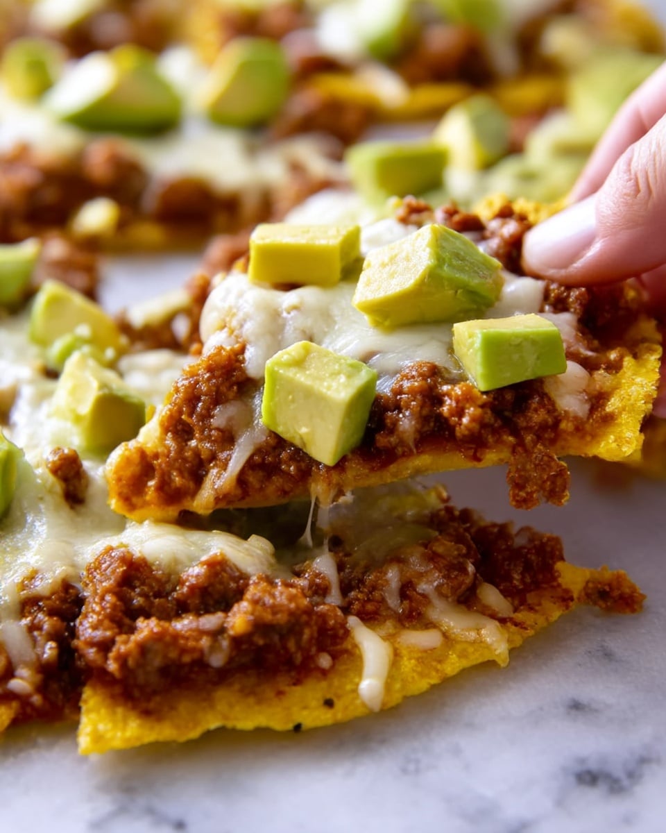 The dish shows a single layer of crispy golden tostones (fried plantain slices) spread out as the base, topped with evenly scattered small brown cooked ground meat, then sprinkled with white shredded cheese melted over the meat and tostones. On top of this, there are small chunks of light green avocado placed in a spaced pattern. The dish sits on a white marbled surface. Photo taken with an iphone --ar 4:5 --v 7