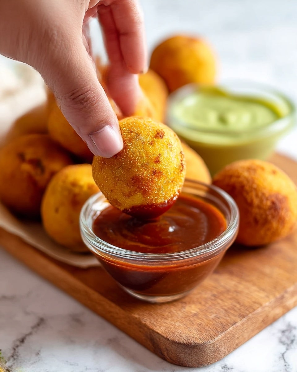 The image shows a pile of round, golden-brown fried cheese balls stacked on a dark wooden board with small pieces of green herbs sprinkled on top. One cheese ball is bitten in half, revealing melted, white cheese oozing out. In the background, there are three small clear bowls filled with different sauces: a green sauce, a reddish-brown sauce, and a light pink sauce. The setting is on a white marbled surface. photo taken with an iphone --ar 4:5 --v 7