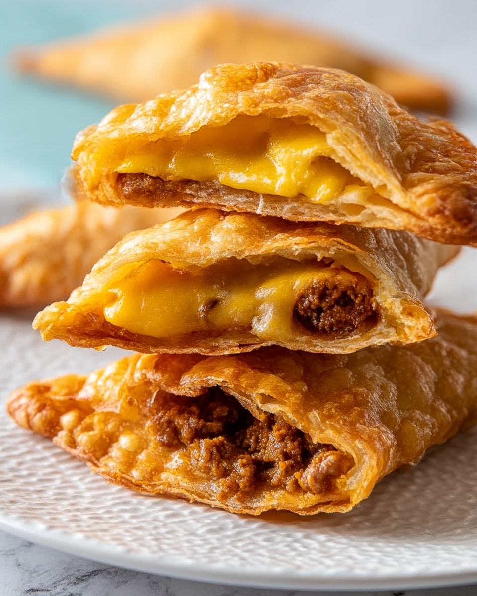 The image shows a stack of three crispy pastries on a white textured plate resting on a white marbled surface. Each pastry has a golden brown, bubbly crust with a flaky texture. The top pastry is cut open, revealing two layers inside: a melted yellow cheese layer and a seasoned ground meat layer beneath it, both slightly oozing out. The middle pastry also shows melted cheese and ground meat filling inside its crispy, golden crust. The overall colors are warm tones of golden brown, yellow, and rich brown from the meat. The focus is close-up, making the textures of the crust and melted cheese very clear. Photo taken with an iphone --ar 4:5 --v 7
