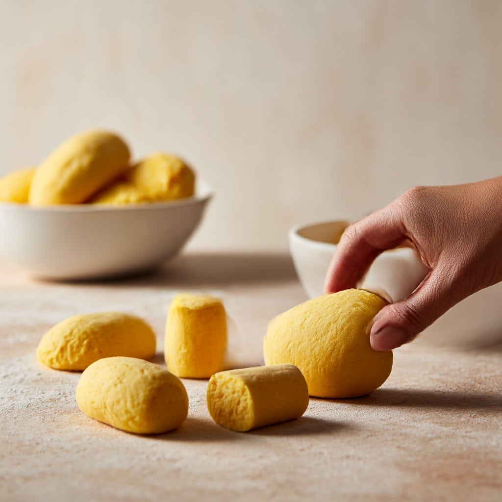 A woman's hand is shaping a bright yellow dough into a short cylinder on a light brown textured surface. Around the hand, there are several other dough pieces shaped into small cylinders and lumps, all the same yellow color. In the background, a white bowl holds more of the yellow dough. The scene is simple and focuses on the dough and the shaping process, with a soft natural light. photo taken with an iphone --ar 4:5 --v 7