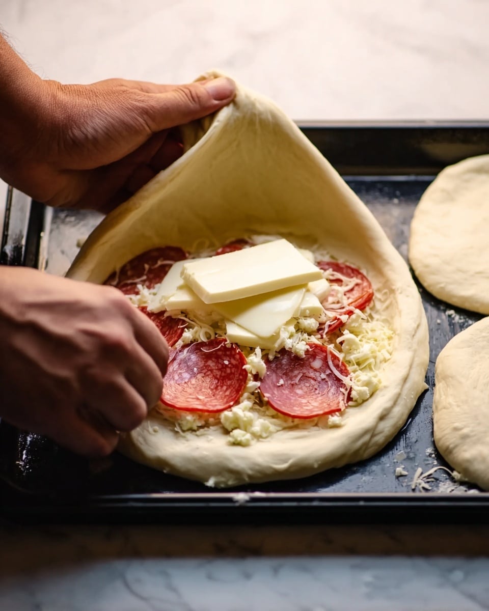 Two golden brown calzones with slightly crispy edges sit on a wooden cutting board. One calzone is partially open, showing melted white cheese stretching inside. Both calzones have a few small green herb sprinkles on top and slightly browned patches. The board also holds two small white bowls filled with red marinara sauce, one at the top left and the other at the bottom right. A silver pizza cutter rests on the bottom left corner of the image, and a yellow textured cloth is placed at the upper right corner. The scene is set on a white marbled surface. photo taken with an iphone --ar 4:5 --v 7