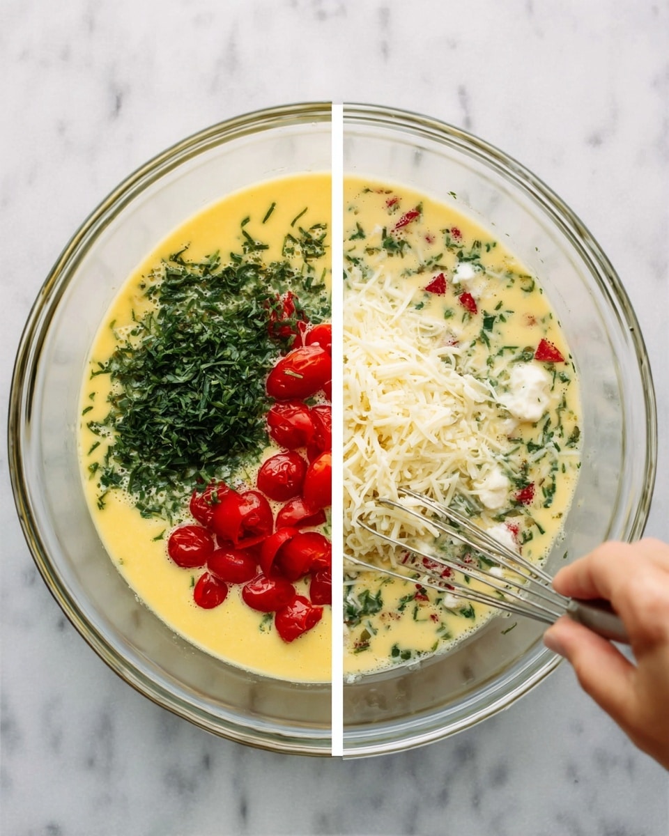 In a clear glass bowl on a white marbled surface, there is a mixture of four main layers visible from above: a yellow liquid egg base covers the bottom, topped on one side by several small red cherry tomato halves, a pile of green chopped herbs on another side, white cubed pieces on a third side, and a mound of shredded off-white cheese on the last side, all sitting separately and not blended yet; in the next scene, the same bowl shows these ingredients combined into a light yellow mixture with visible small red tomato pieces and green herbs throughout, and a woman's hand holding a whisk stirring the mixture; photo taken with an iphone --ar 4:5 --v 7