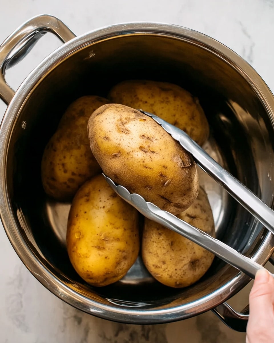 Inside a stainless steel pot, there are three large, brown-skinned potatoes with a rough texture. A pair of silver tongs held by a woman's hand is lifting the potato closest to the center. The pot has a shiny, smooth surface with handles on the sides. The background is a white marbled texture. photo taken with an iphone --ar 4:5 --v 7